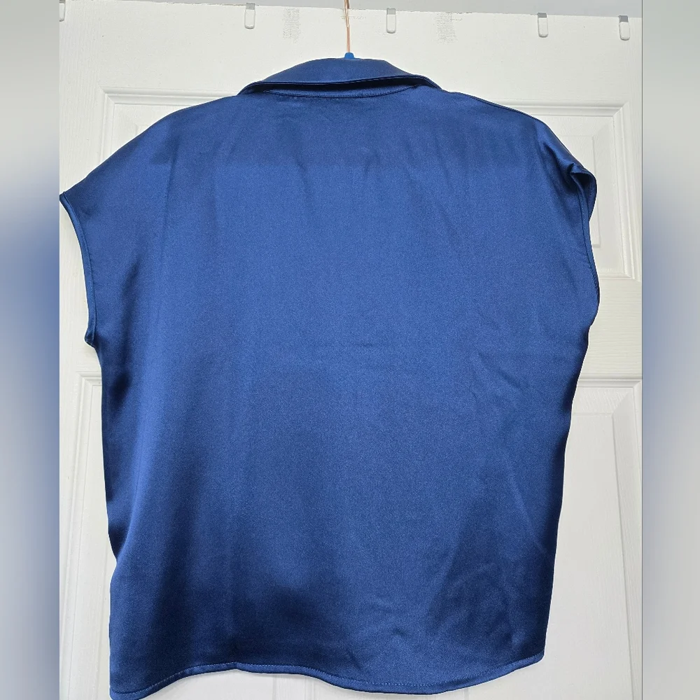 Rachel Zoe Royal Blue Satin Button-Up Tie Blouse - Picture 2 of 4